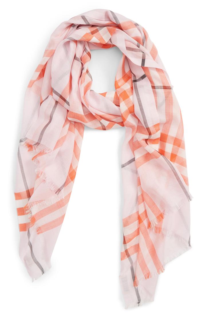 Women's Burberry Giant Check Wool & Silk Gauze Scarf, Size - Pink