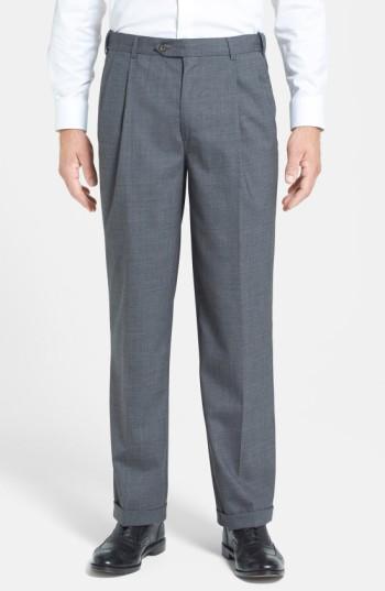 Men's Berle Self Sizer Waist Pleated Wool Gabardine Trousers X 32 - Blue
