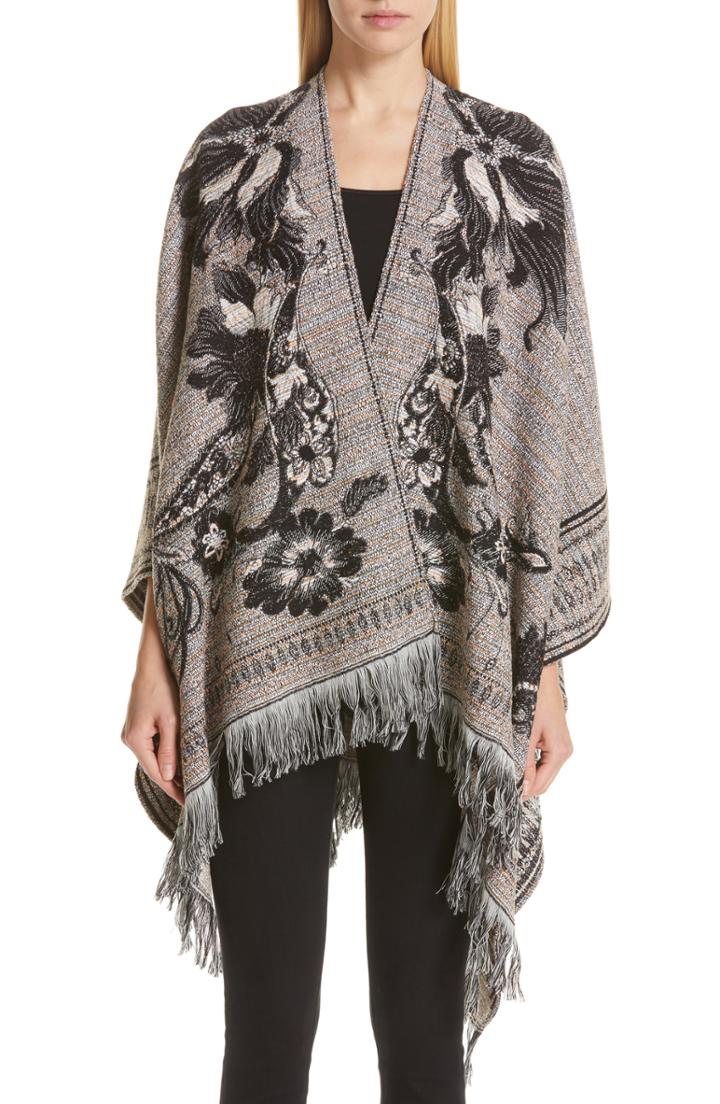 Women's Etro Fringe Hem Wool Blend Tweed Cape