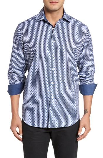 Men's Bugatchi Classic Fit Leaf Print Stripe Sport Shirt - Blue