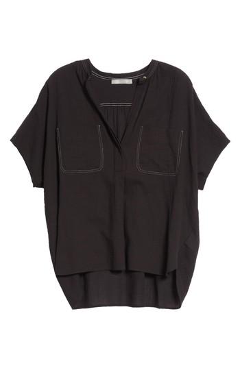 Women's Vince Topstitch Crinkle Cotton Top - Black