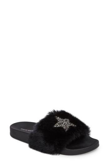 Women's Steve Madden Shimmer Embellished Faux Fur Slide M - Black