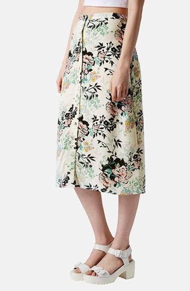 Topshop Button Front Floral Midi Skirt White