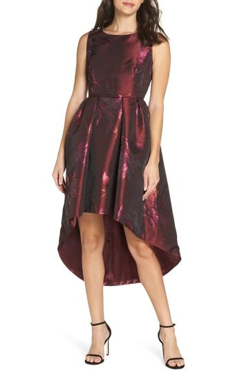 Women's Forest Lily Printed Metallic Jacquard High/low Dress - Burgundy