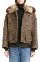 Women's Dries Van Noten Faux Fur Collar Herringbone Coat - Beige