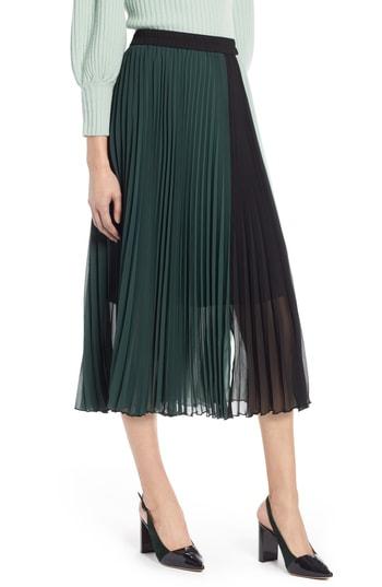 Women's Halogen X Atlantic-pacific Colorblock Pleated Midi Skirt - Green