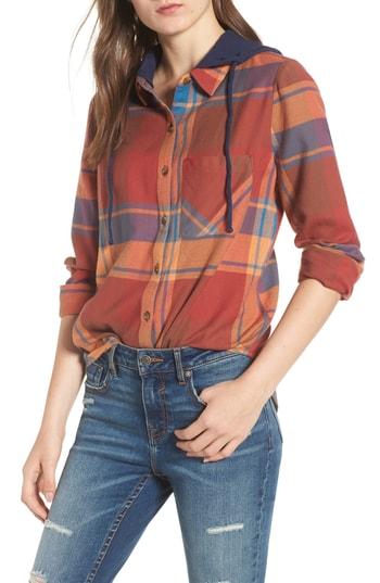 Women's Bp. Hooded Plaid Shirt, Size - Orange