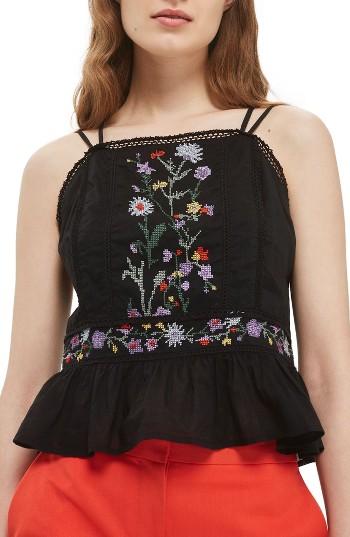 Women's Topshop Embroidered Peplum Top Us (fits Like 0) - Black