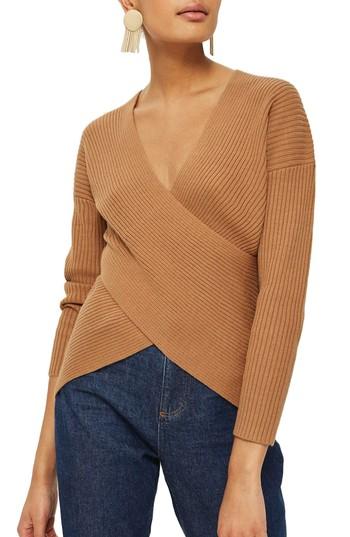 Women's Topshop Wrap Front Sweater Us (fits Like 2-4) - Beige
