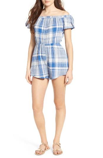 Women's Lush Madras Off The Shoulder Romper - Blue