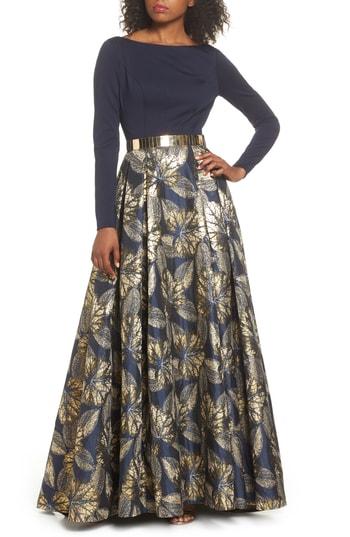 Women's Mac Duggal Metallic Waist Print Skirt Gown - Blue