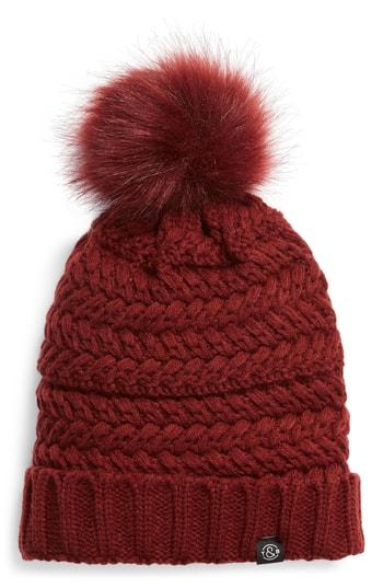 Women's Treasure & Bond Cable Knit Beanie With Faux Fur Pom - Red