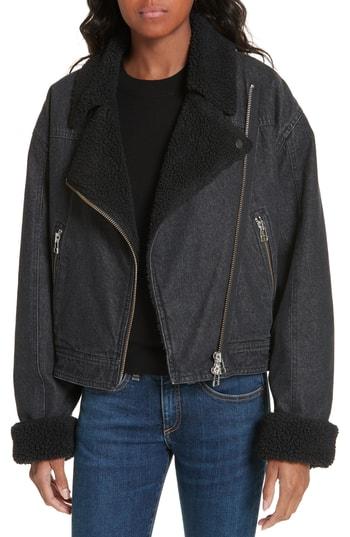 Women's Veronica Beard Rosina Faux Shearling Lined Denim Biker Jacket - Black