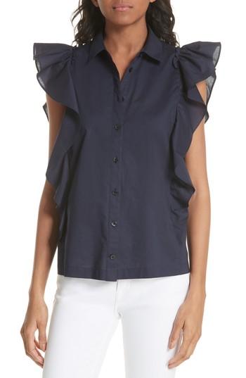 Women's Kate Spade New York Flutter Sleeve Button Down Cotton Blouse, Size - Blue