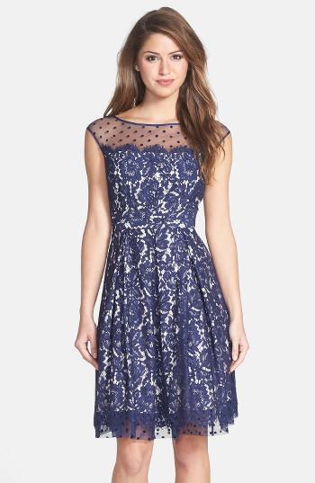 Women's Eliza J Illusion Yoke Lace Fit & Flare Dress - Blue