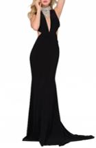 Women's Jovani Embellished Jersey Gown - Black