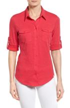Petite Women's Caslon Roll Sleeve Cotton Knit Shirt P - Red