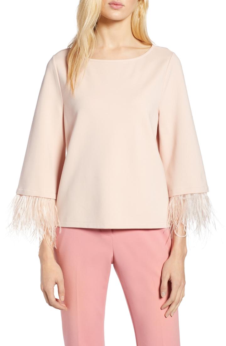 Petite Women's Halogen Feather Trim Ponte Top P - Pink