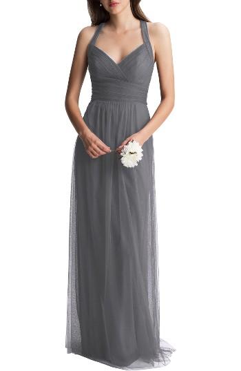 Women's #levkoff Crisscross Strap English Net A-line Gown - Grey
