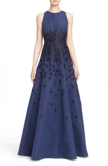 Women's Carmen Marc Valvo Couture Beaded Silk Faille Fit & Flare Gown - Blue