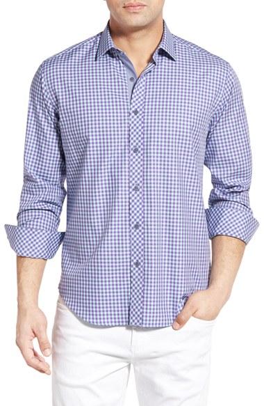 Men's Bugatchi Shaped Fit Gingham Sport Shirt, Size - Blue
