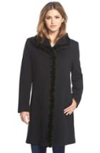 Petite Women's Fleurette Genuine Mink Trim Stand Collar Wool Coat P - Black