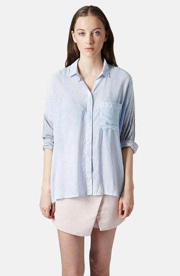 Topshop Mixed Stripe Oversized Shirt Light Blue