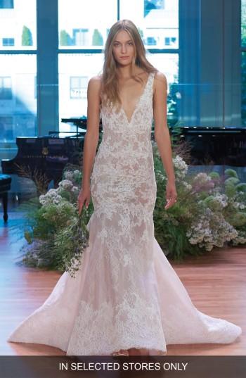 Women's Monique Lhuillier Keaton Plunge Lace Trumpet Gown, Size In Store Only - White