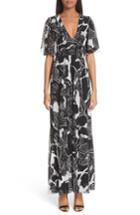 Women's Fuzzi Deco Floral Print Tulle Flutter Sleeve Maxi Dress - Black