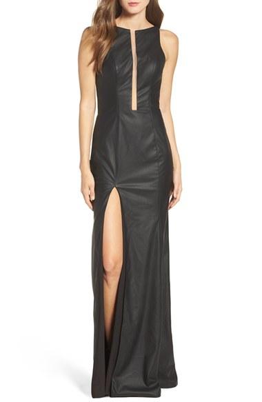 Women's La Femme Faux Leather Open Back Gown