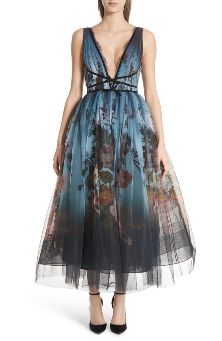 Women's Marchesa Ombre Floral Print Tulle Tea Length Dress