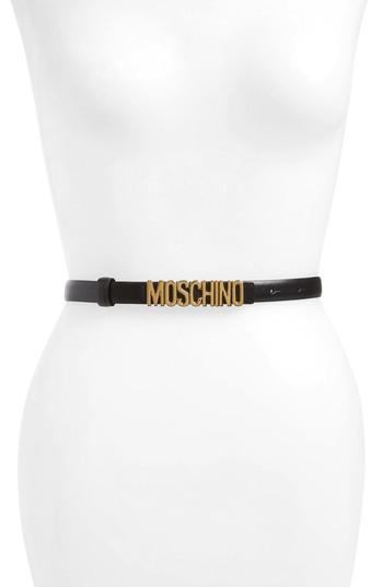 Women's Moschino Logo Calfskin Leather Skinny Belt - Black/ Gold