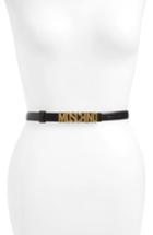 Women's Moschino Logo Calfskin Leather Skinny Belt - Black/ Gold