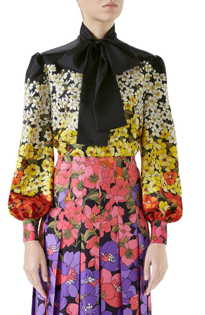 Women's Gucci Degrade Floral Print Silk Tie Neck Blouse Us / 40 It - Black