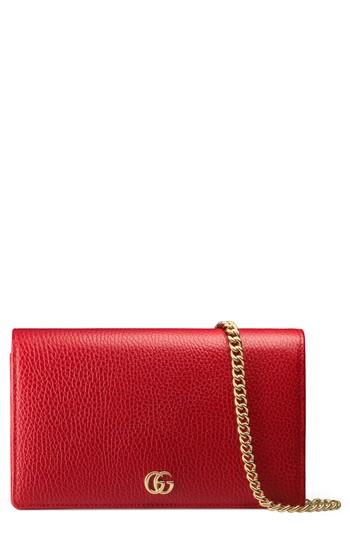 Women's Gucci Petite Marmont Leather Wallet On A Chain - Red