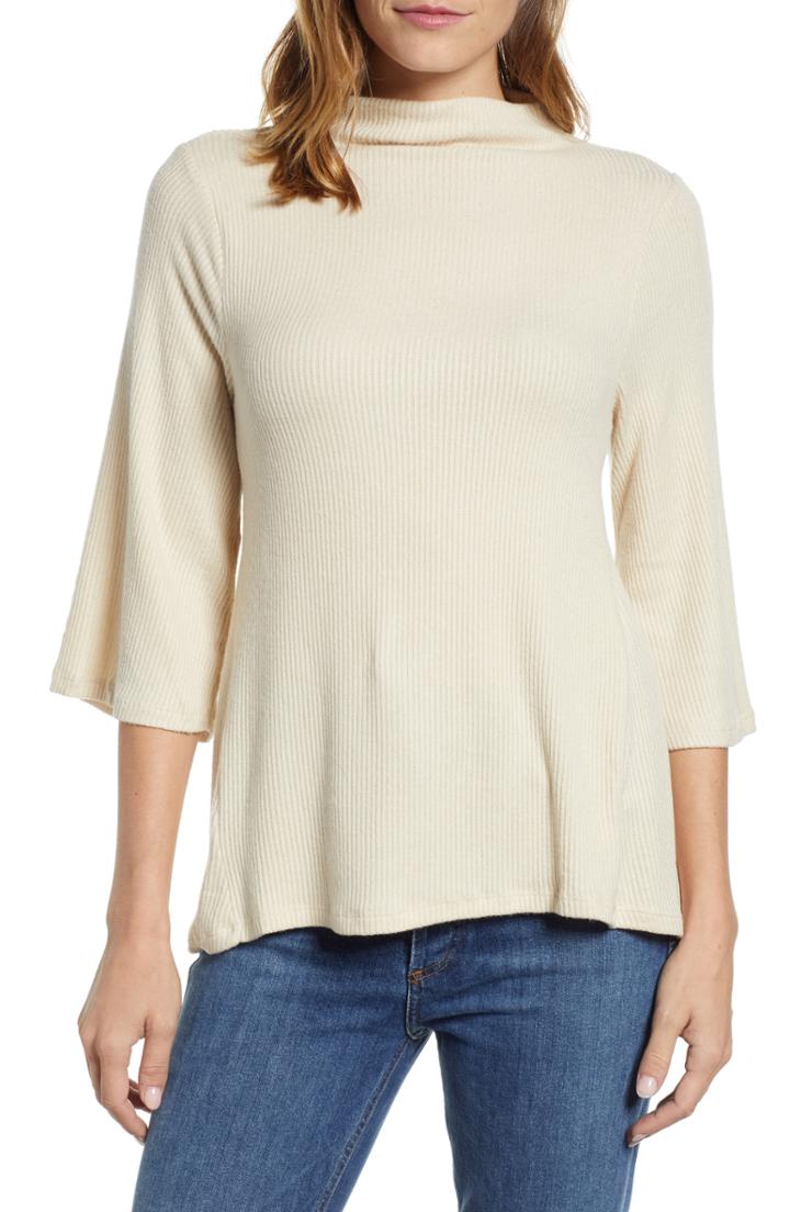 Women's Bobeau Cozy Ribbed Mock Neck Tee - Beige