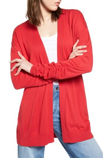 Women's Halogen Ruched Sleeve Cardigan - Red