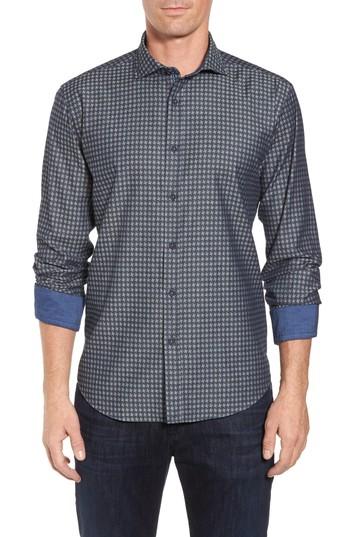 Men's Bugatchi Shaped Fit Houndstooth Print Sport Shirt, Size - Blue