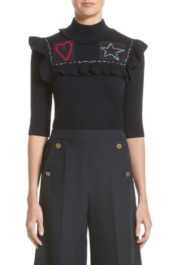 Women's Valentino Embroidered Ruffle Wool Sweater - Blue