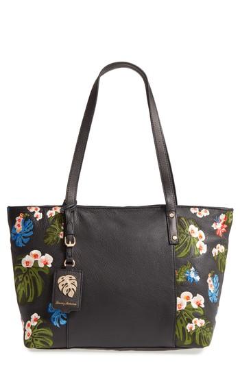 Tommy Bahama Cozumel Floral Embroidered Leather Tote - Black