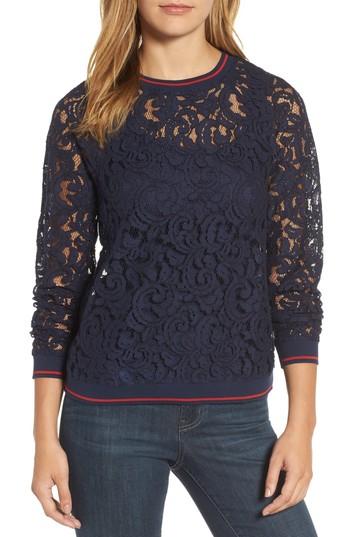 Women's Halogen Ribbed Trim Lace Top - Blue