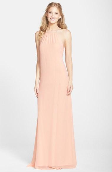 Women's Nouvelle Amsale 'jordan' Open Back Chiffon Halter Gown, Size - Beige