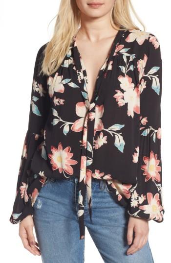 Women's Billabong Birds On High Tie Neck Blouse - Black