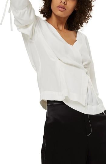 Women's Topshop Tie Sleeve Wrap Blouse Us (fits Like 0) - Ivory