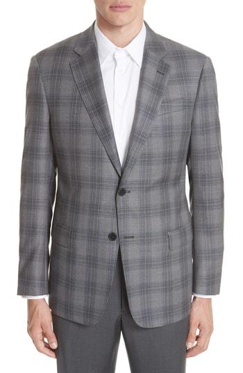 Men's Emporio Armani G Line Trim Fit Plaid Wool Sport Coat Us / 48 Eu S - Grey