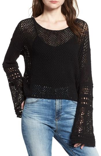 Women's 1.state Pointelle Stitch Bell Sleeve Sweater, Size - Black