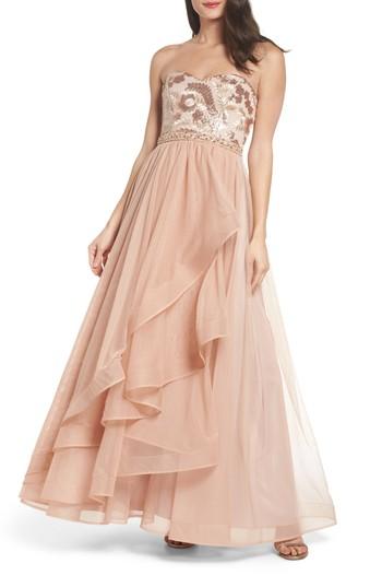 Women's Sequin Hearts Strapless Sequin Bodice Ballgown - Pink