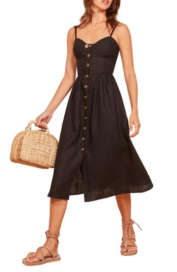 Women's Reformation Thelma Linen Midi Dress - Black