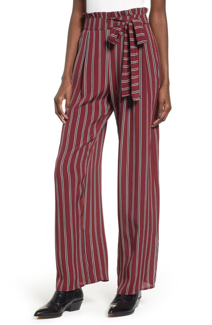 Women's Band Of Gypsies Avery Tie Waist Stripe Pants - Burgundy
