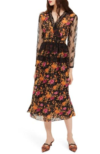 Women's Topshop Floral Midi Dress Us (fits Like 0) - Black